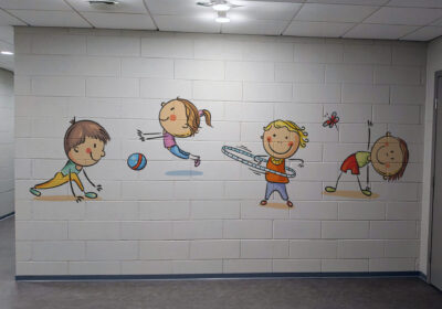 A mural of funny athletes.
