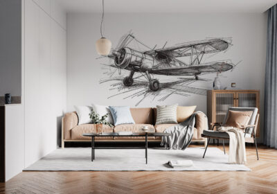 A mural of a sketch of a plane.