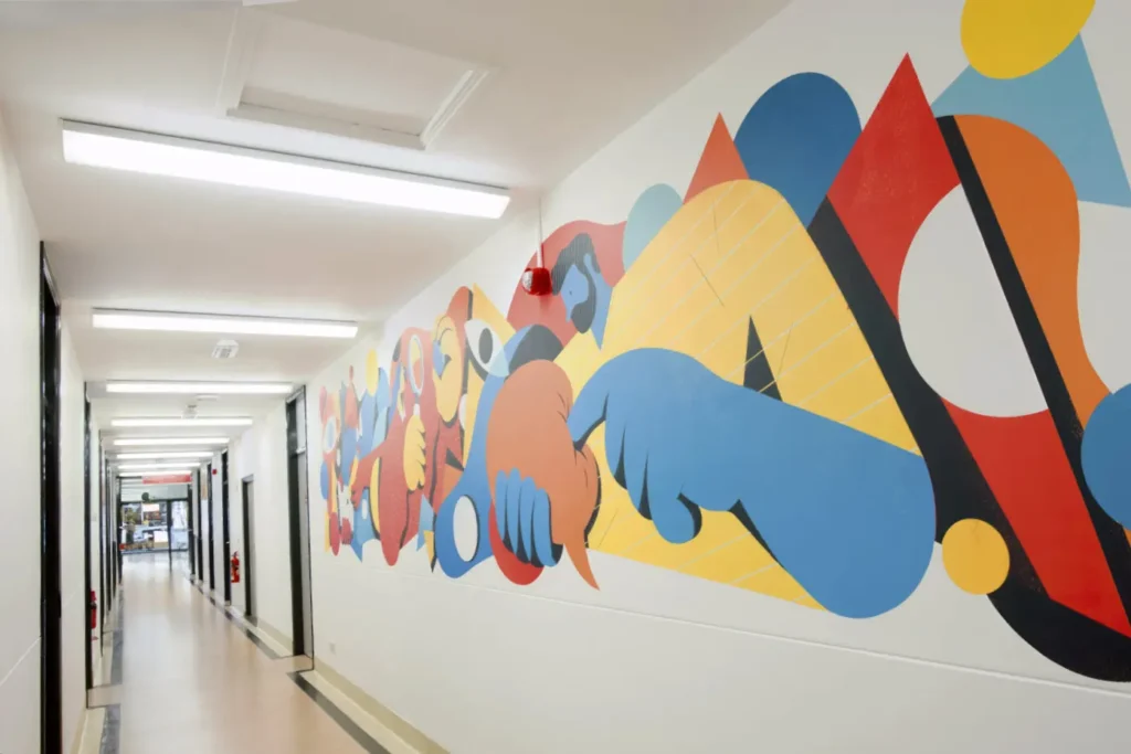 A mural in a public corridor.