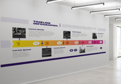 A mural of timeline of events with photos.